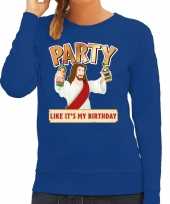 Blauwe kersttrui kerstkleding party like its my birthday voor dames