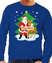 Foute kersttrui blauw met de kerstman en rudolf voor heren