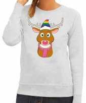 Foute kersttrui grijs gay ruldolf regenboog muts en roze sjaal voor dames