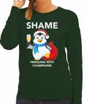 Groene kersttrui kerstkleding met pinguin shame penguins with champagne voor dames