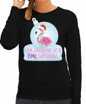 Zwarte kersttrui kerstkleding i am dreaming of a pink christmas voor dames met flamingo kerstbal